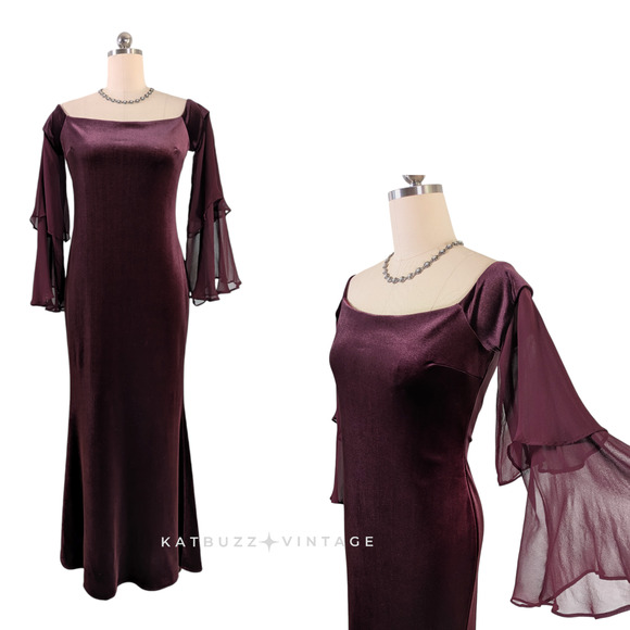 Teri Jon Maxi Dress Evening Gown 12 Red Burgundy Velvet Silk Off Shoulder Goth - Picture 1 of 11